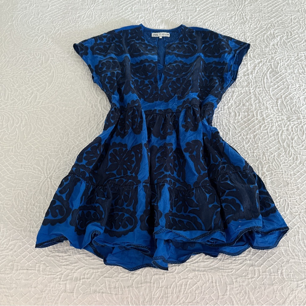 Zara Women's Blue and Black Patterned Dress